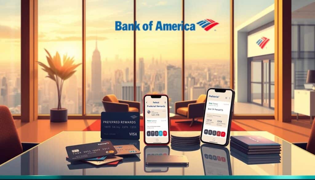 A richly detailed illustration of the Bank of America Preferred Rewards program, set against a warm, modern financial office interior. In the foreground, a sleek glass-topped table displays an assortment of credit cards, debit cards, and a smartphone showcasing the Preferred Rewards mobile app. Behind it, a large window offers a scenic view of a bustling city skyline, bathed in soft, golden-hour lighting. The middle ground features a stylish sitting area with plush leather chairs and minimalist decor, creating an atmosphere of exclusive, elevated banking services. The background is dominated by a clean, contemporary bank branch facade, with the Preferred Rewards logo prominently displayed. The overall mood conveys a sense of affluence, convenience, and the premium benefits of the Preferred Rewards program. A richly detailed illustration of the Bank of America Preferred Rewards program, set against a warm, modern financial office interior. In the foreground, a sleek glass-topped table displays an assortment of credit cards, debit cards, and a smartphone showcasing the Preferred Rewards mobile app. Behind it, a large window offers a scenic view of a bustling city skyline, bathed in soft, golden-hour lighting. The middle ground features a stylish sitting area with plush leather chairs and minimalist decor, creating an atmosphere of exclusive, elevated banking services. The background is dominated by a clean, contemporary bank branch facade, with the Preferred Rewards logo prominently displayed. The overall mood conveys a sense of affluence, convenience, and the premium benefits of the Preferred Rewards program.
