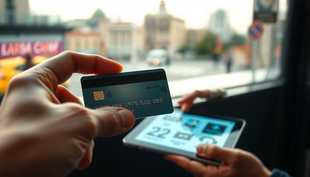 A richly detailed scene of a person exploring the benefits of their credit card. In the foreground, a hand holds a credit card, highlighted by soft, directional lighting that creates a sense of depth and focus. In the middle ground, a tablet or smartphone displays a digital interface showcasing various discounts and promotional offers. In the background, a blurred urban landscape suggests the wider context of shopping and financial transactions. The overall mood is one of discovery and opportunity, inviting the viewer to uncover the hidden advantages of their credit card.