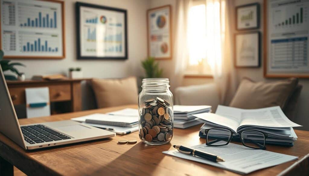 A room with a cozy, well-lit atmosphere. On a wooden table, a laptop, a calendar, and various financial documents are neatly arranged. In the middle, a clear glass jar filled with coins and bills, representing savings and financial goals. Alongside, a pair of reading glasses, a pen, and a notebook, symbolizing the planning process. The walls are adorned with framed financial charts and diagrams, providing a sense of organization and focus. Soft, natural light filters in through a window, casting a warm glow over the scene. The overall impression is one of intentionality, structure, and a well-thought-out approach to personal finance.
