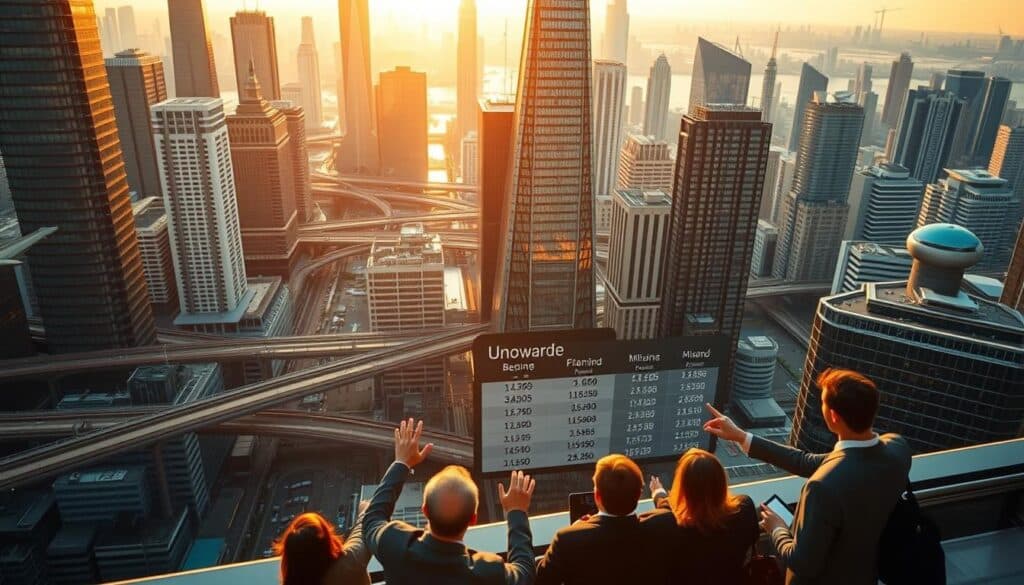 A scenic aerial view of a bustling financial district, with towering skyscrapers and a network of interconnected bridges and walkways. In the foreground, a group of business people are engaged in a lively discussion, gesturing towards a large digital display showcasing various loyalty program options and mileage conversion rates. The scene is bathed in a warm, golden glow from the setting sun, creating a sense of productivity and opportunity. The image conveys the efficient, technology-driven nature of modern mileage management and the seamless integration of rewards programs into the urban landscape.