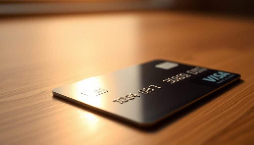 A secure and protected credit card, its surface gleaming under warm, directional lighting. The card's edges are sharp and precise, nestled within a sleek, minimalist design. In the foreground, the card's surface reflects the surrounding environment, hinting at the advanced security features hidden beneath. In the middle ground, a subtle shadow casts a sense of depth and dimension. The background is softly blurred, allowing the card to take center stage, conveying a sense of trust, reliability, and safety for the user.