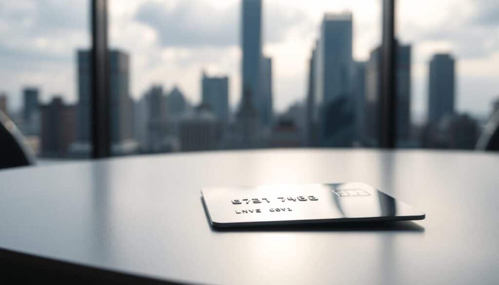 A secure credit card lying on a sleek, modern table with a minimalist design. The card is illuminated by soft, diffused lighting, casting subtle shadows and highlighting its metallic edges. In the background, a blurred cityscape with skyscrapers reflects the card's gleaming surface, symbolizing the urban, technological landscape in which it operates. The overall mood is one of sophistication, security, and the assurance of trustworthy financial transactions.