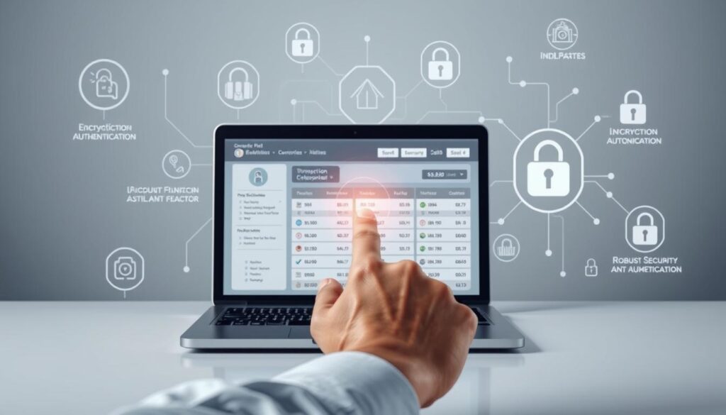 A secure, modern digital banking interface with intuitive controls and clear visualizations of account balances, transaction history, and security features. The scene has a calm, trustworthy atmosphere with muted colors and clean lines. In the foreground, a hand taps securely on a touchscreen, while the middle ground displays a laptop or tablet displaying financial data. The background shows an abstract illustration of encryption protocols, two-factor authentication, and other robust security measures. The overall composition conveys a sense of confidence and protection for one's personal finances.