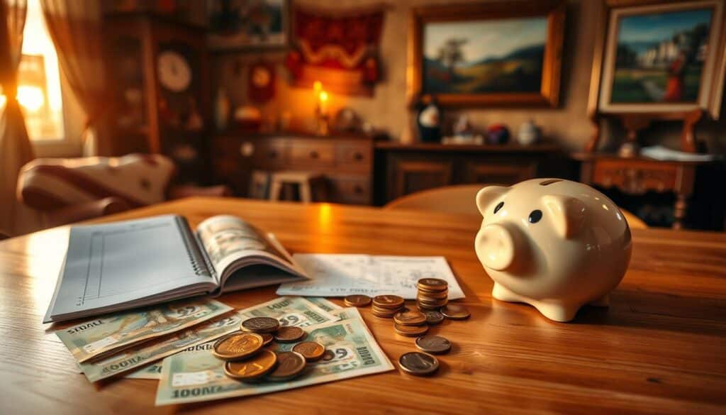 A serene Serbian household, bathed in warm golden light from a setting sun. In the foreground, a carefully arranged display of Serbian Dinar banknotes, coins, and a traditional ceramic piggy bank, symbolizing the act of saving. In the middle ground, a wooden table with a handwritten household budget, highlighting the thoughtful planning involved in personal finance management. The background features a cozy interior, with traditional Serbian textiles, ornaments, and a framed landscape painting, conveying a sense of cultural heritage and family values. The overall mood is one of quiet contemplation and disciplined financial stewardship. A serene Serbian household, bathed in warm golden light from a setting sun. In the foreground, a carefully arranged display of Serbian Dinar banknotes, coins, and a traditional ceramic piggy bank, symbolizing the act of saving. In the middle ground, a wooden table with a handwritten household budget, highlighting the thoughtful planning involved in personal finance management. The background features a cozy interior, with traditional Serbian textiles, ornaments, and a framed landscape painting, conveying a sense of cultural heritage and family values. The overall mood is one of quiet contemplation and disciplined financial stewardship.