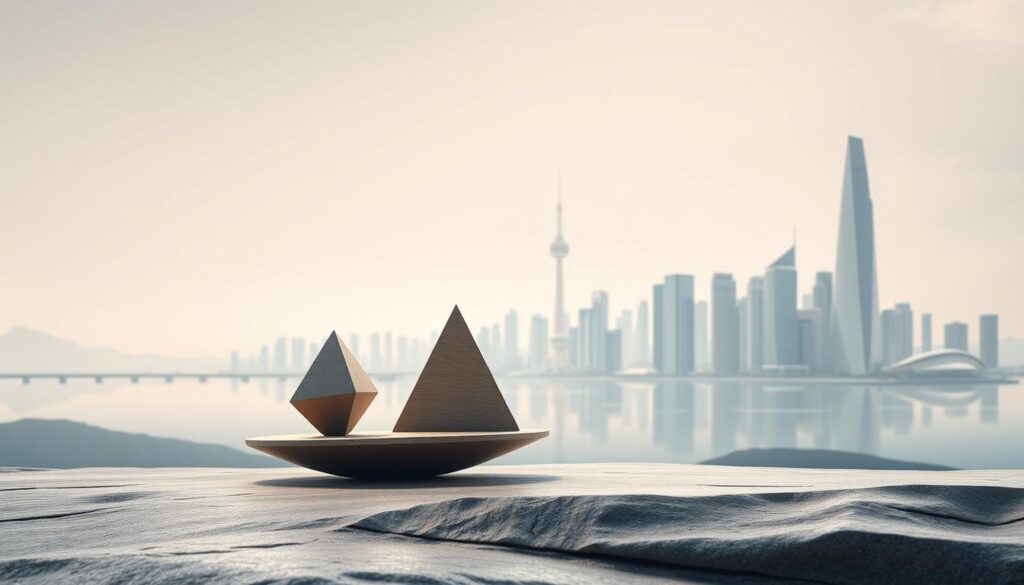 A serene and balanced financial landscape, showcasing the art of diversification. In the foreground, a well-balanced portfolio of investments, each represented by a distinct geometric shape, symbolizing the various asset classes. The middle ground features a tranquil, minimalist cityscape, with sleek skyscrapers and modern architecture, alluding to the sophistication of the financial world. In the background, a vibrant yet muted color palette, infusing the scene with a sense of harmony and stability. Soft, directional lighting casts subtle shadows, emphasizing the depth and dimensionality of the composition. The overall atmosphere exudes a sense of controlled risk, prudent decision-making, and the pursuit of long-term financial security.