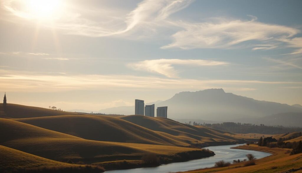 A serene and balanced financial landscape, with rolling hills and a calming river in the foreground. Sunlight filters through wispy clouds, casting a warm glow over the scene. In the middle ground, modern yet elegant buildings stand as symbols of financial stability, their glass facades reflecting the natural surroundings. In the distance, a majestic mountain range rises, representing the strength and resilience of a well-managed financial system. The overall atmosphere conveys a sense of security, harmony, and long-term sustainability. A serene and balanced financial landscape, with rolling hills and a calming river in the foreground. Sunlight filters through wispy clouds, casting a warm glow over the scene. In the middle ground, modern yet elegant buildings stand as symbols of financial stability, their glass facades reflecting the natural surroundings. In the distance, a majestic mountain range rises, representing the strength and resilience of a well-managed financial system. The overall atmosphere conveys a sense of security, harmony, and long-term sustainability.