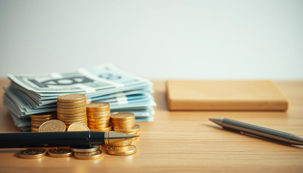 A serene and contemplative scene depicting a set of financial goals represented as a collection of golden coins, tidy stacks of banknotes, and an elegant pen resting on a wooden desk. The foreground features the coins and banknotes arranged in a visually appealing composition, with the pen serving as a symbolic representation of the decision-making and planning process. The middle ground showcases a minimalist, clean-lined desk in a warm, natural wood tone, reflecting a sense of organization and focus. The background is softly blurred, creating a sense of depth and emphasizing the primary elements. The overall mood is one of thoughtfulness, financial responsibility, and a clear path towards achieving personal financial objectives.