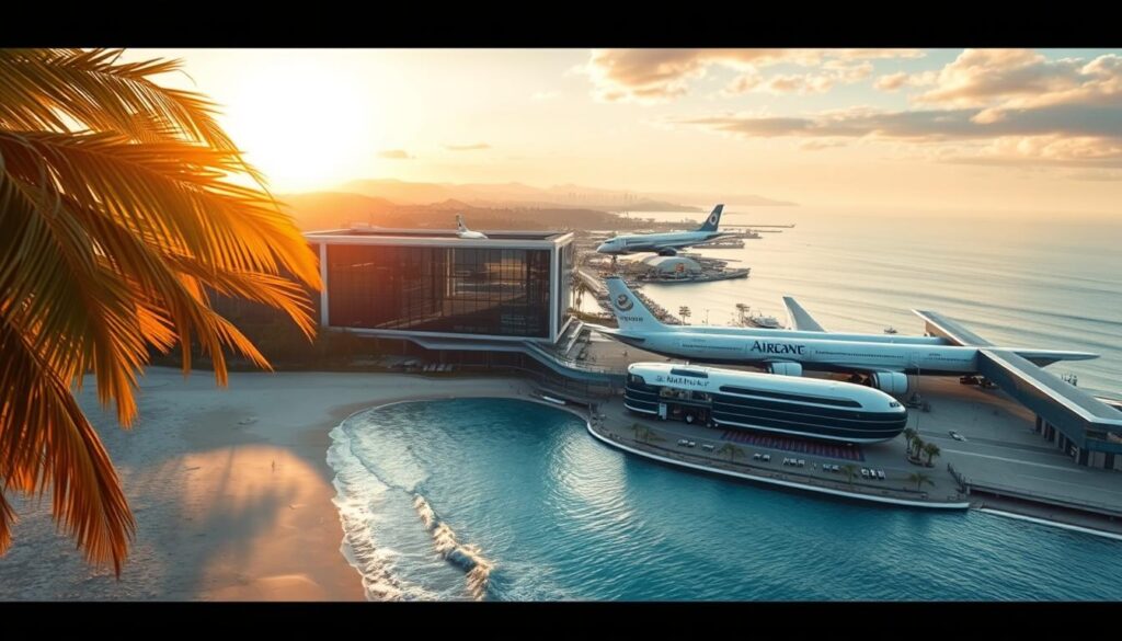 A serene and enchanting scene unfolds, capturing the essence of "travel perks." In the foreground, a picturesque tropical beach with swaying palm trees casts a warm, golden glow under the soft, diffused lighting of a sunset. In the middle ground, a luxurious hotel suite with floor-to-ceiling windows offers a breathtaking view of the ocean, inviting travelers to relax and unwind. The background is a stunning aerial perspective, revealing a bustling international airport with sleek, modern architecture and a vibrant, cosmopolitan atmosphere. The overall atmosphere exudes a sense of effortless sophistication, comfort, and the anticipation of exciting adventures to come.