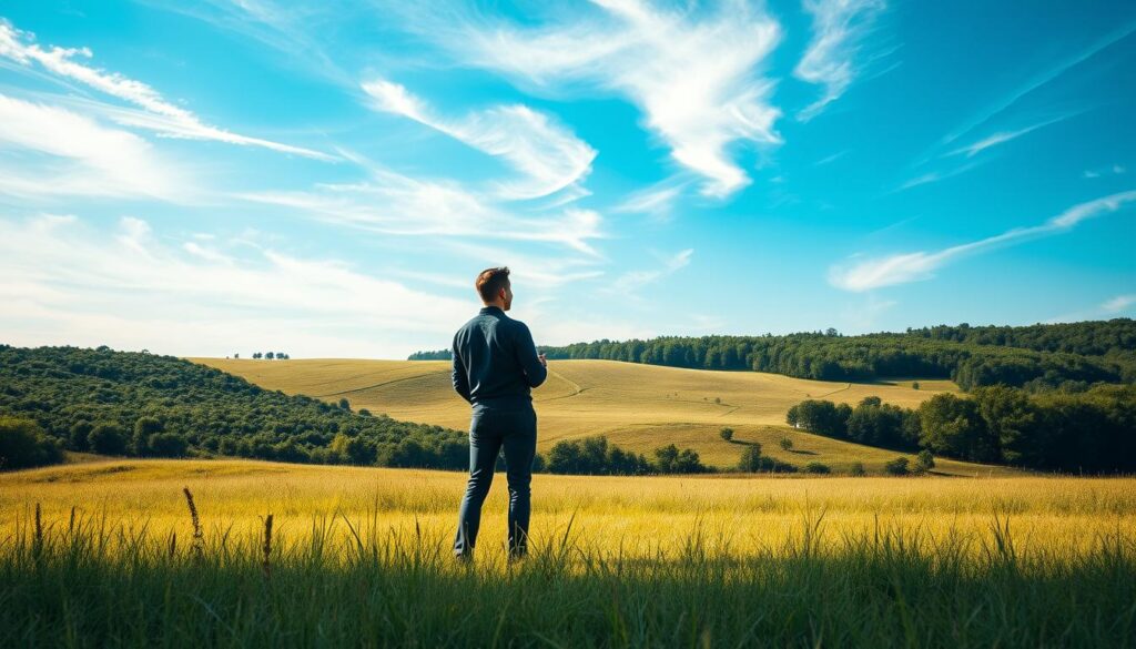 A serene and introspective scene depicting "rizikos tolerancija", or risk tolerance. In the foreground, a thoughtful investor stands amidst a tranquil meadow, contemplating their financial future. The midground features a rolling landscape of lush greenery, symbolizing the potential growth and opportunities ahead. In the background, wispy clouds drift across a vast, azure sky, conveying a sense of clarity and open-mindedness. The overall composition emanates a sense of poise, balance, and measured consideration - core attributes of a prudent, risk-tolerant investor. Soft, natural lighting illuminates the scene, creating a calming, meditative atmosphere. The camera angle is slightly elevated, allowing the viewer to observe the scene from a contemplative, bird's-eye perspective.