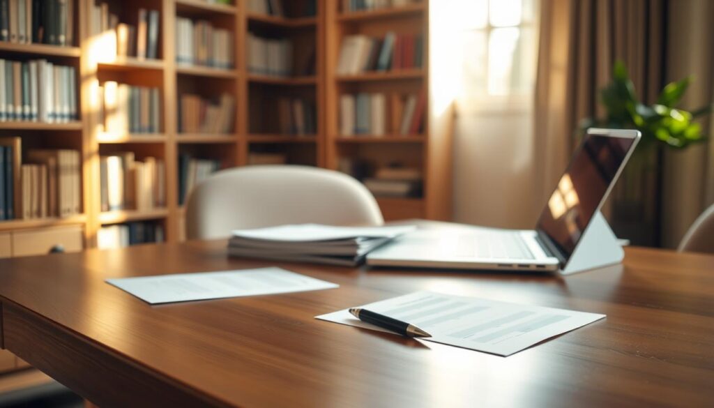 A serene and inviting office space, featuring a wooden desk with a laptop, pen, and a stack of documents. The background is a warm, softly-lit bookshelf, creating a cozy and productive atmosphere. Soft natural light filters through a window, casting gentle shadows and highlighting the polished surface of the desk. The overall composition conveys a sense of thoughtful financial planning and the start of a meaningful investment journey.