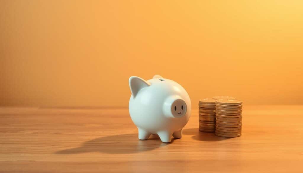 A serene and minimalist scene depicting the concept of "sparande" (saving). In the foreground, a clean and elegant piggy bank sits atop a wooden surface, casting a soft shadow. The middle ground features a stack of gold coins, symbolizing the accumulation of wealth through disciplined saving. The background is a warm, neutral-toned wall, creating a calming and focused atmosphere. Warm lighting from an unseen source casts a gentle glow, emphasizing the importance and tranquility of the saving process. The overall composition conveys a sense of financial responsibility, stability, and the quiet satisfaction of building a secure future.