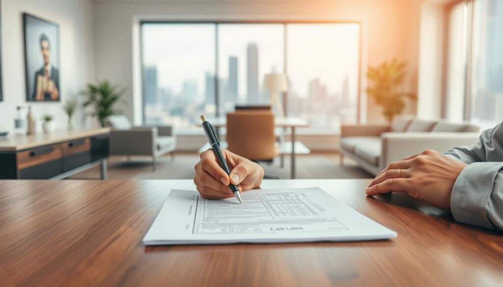 A serene and professional-looking scene depicting the process of reclaiming lost or stolen funds. In the foreground, a person's hands carefully fill out a claim form on a sturdy wooden desk, signifying the diligence and attention required. The middle ground showcases a modern, minimalist office setting with sleek furniture and calming neutral tones, creating an atmosphere of trust and efficiency. In the background, a soft, blurred cityscape hints at the larger financial world beyond, emphasizing the importance of this personal reclamation process. The lighting is warm and natural, with subtle highlights that add depth and dimension to the scene. The overall composition conveys a sense of security, reliability, and the reassuring journey of recovering one's rightful assets.