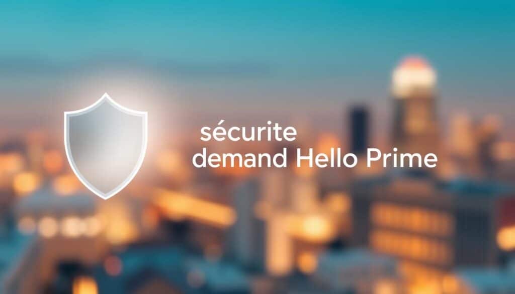 A serene and secure digital environment, with a clean and minimalist design. In the foreground, a transparent shield icon symbolizes privacy and protection, casting a soft glow. In the middle ground, the words "sécurité demande Hello Prime" appear in a sleek, sans-serif font, conveying a sense of simplicity and trustworthiness. The background features a blurred, out-of-focus cityscape, suggesting the broader context of the digital world. Warm, diffused lighting creates a calming atmosphere, evoking a sense of safety and reassurance. The overall composition aims to visually communicate the section's theme of security and confidentiality during the Hello Prime card application process.
