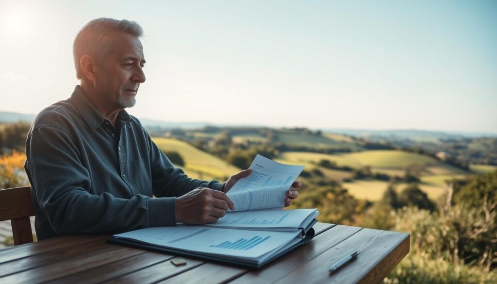 A serene and tranquil scene of a person planning for their retirement, set against a backdrop of a peaceful, sun-dappled countryside. The foreground depicts a mature adult sitting at a wooden table, meticulously reviewing financial documents and charts, their expression one of thoughtful contemplation. The middle ground showcases a lush, verdant landscape with rolling hills and a distant horizon, conveying a sense of long-term security and stability. Soft, warm lighting casts a gentle glow, creating a calming and reassuring atmosphere. The overall composition suggests a harmonious balance between present-day planning and a vision for a secure, comfortable future.