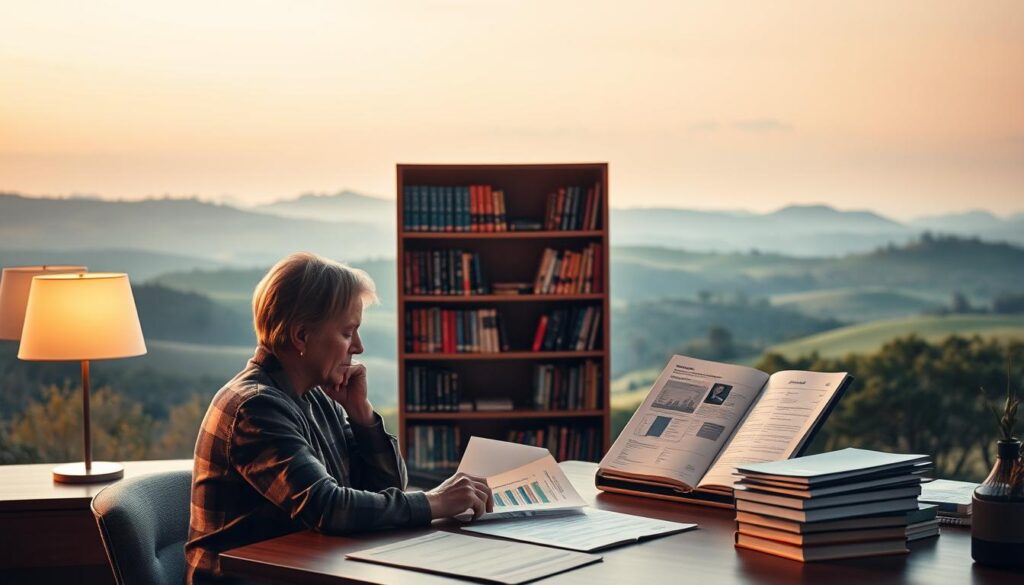 A serene and tranquil scene of financial planning for the future. In the foreground, a person sits at a desk, focused on reviewing retirement account statements and investment plans. Soft, warm lighting illuminates the scene, creating a sense of thoughtfulness and intention. In the middle ground, a bookshelf filled with financial planning guides and retirement resources, symbolizing the preparation and research involved. The background depicts a picturesque landscape, with rolling hills and a calming, pastel sky, conveying a sense of long-term security and peace of mind. The overall mood is one of careful consideration, diligence, and a vision for a secure and prosperous retirement.
