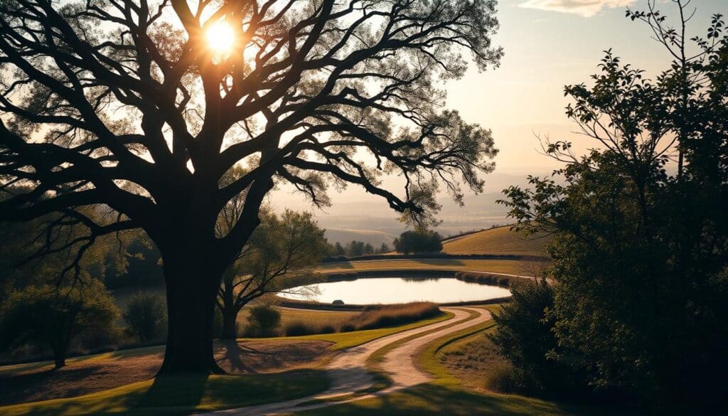 A serene and tranquil scene of long-term investing, captured in soft, warm lighting. In the foreground, a majestic oak tree, its branches reaching skyward, symbolizing the steady growth and resilience of a well-tended portfolio. In the middle ground, a winding path leading to a peaceful pond, its surface mirroring the sky above, reflecting the patient, reflective nature of successful long-term investing. In the background, rolling hills and a distant horizon, conveying the expansive, eternal nature of wealth-building through disciplined, persistent efforts. The overall atmosphere is one of calm, stability, and the quiet confidence that comes from mastering the art of patient, strategic investing.