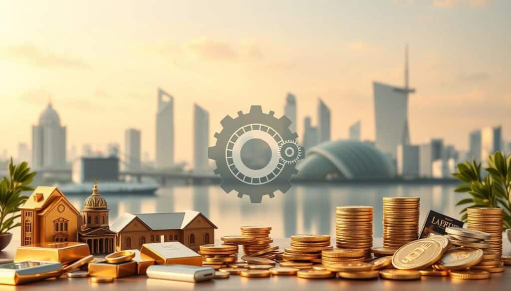 A serene and tranquil scene showcasing the concept of alternative investments. In the foreground, a diverse array of investment instruments, such as gold bars, real estate models, and cryptocurrency hardware, are arranged in a visually appealing composition. The middle ground features a graphical representation of portfolio diversification, with different asset classes depicted as interconnected gears, symbolizing the strategic balance of a well-diversified portfolio. The background depicts a sophisticated financial landscape, with architectural elements and geometric patterns reflecting the complexity and innovation of the alternative investment landscape. The lighting is soft and warm, creating an atmosphere of thoughtful contemplation and financial well-being.
