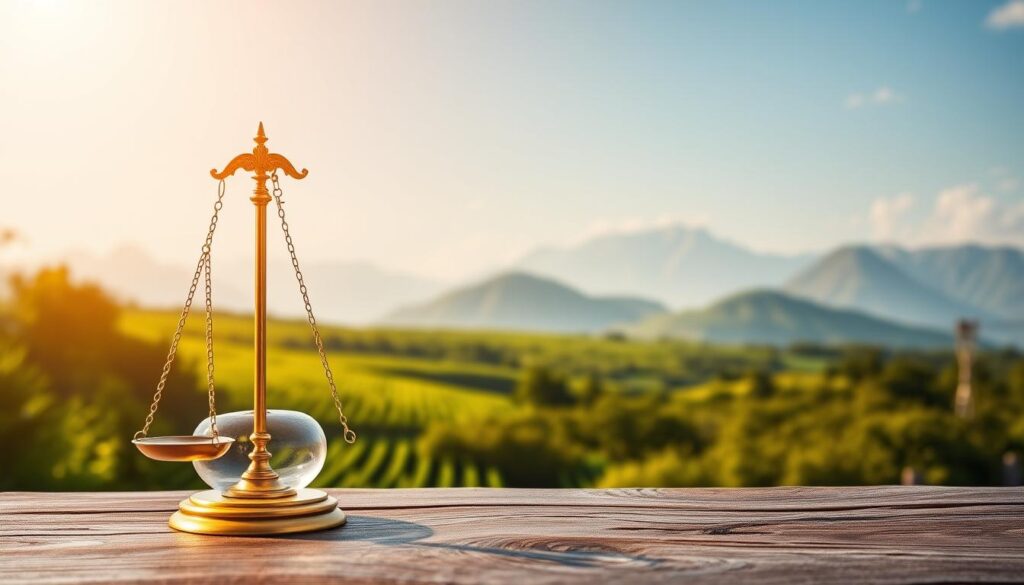 A serene and tranquil scene, showcasing the pillars of investment success. In the foreground, a meticulously balanced set of scales, symbolizing the careful evaluation of risk and reward. The scales are bathed in a warm, golden light, creating an aura of prosperity. In the middle ground, a lush, verdant landscape unfolds, representing the growth and sustainability of well-managed investments. The background features a majestic mountain range, evoking a sense of stability and long-term vision. The overall composition conveys a harmonious balance between diligence, foresight, and the rewards of wise financial decisions.