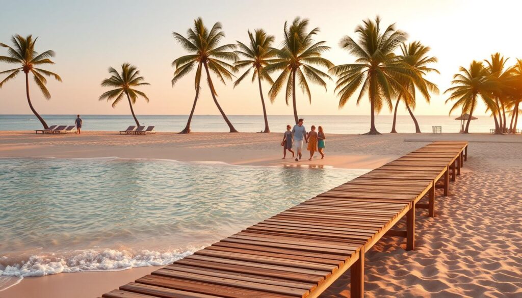 A serene beach landscape at golden hour, with crystal clear azure waters lapping gently against the shore. In the foreground, a picturesque wooden jetty extends into the tranquil sea, inviting the viewer to embark on a carefree journey. Neatly folded beach towels and sun loungers dot the fine, golden sand, hinting at the relaxation and rejuvenation to come. In the middle ground, a cheerful group of people stroll along the waterline, their laughter and smiles conveying a sense of joyful adventure. The background is dominated by lush, verdant palm trees swaying in the soft breeze, framing the idyllic scene with a touch of tropical paradise. The warm, inviting lighting casts a gentle glow, creating an atmosphere of tranquility and serenity, perfectly capturing the essence of a worry-free vacation protected by comprehensive travel insurance.