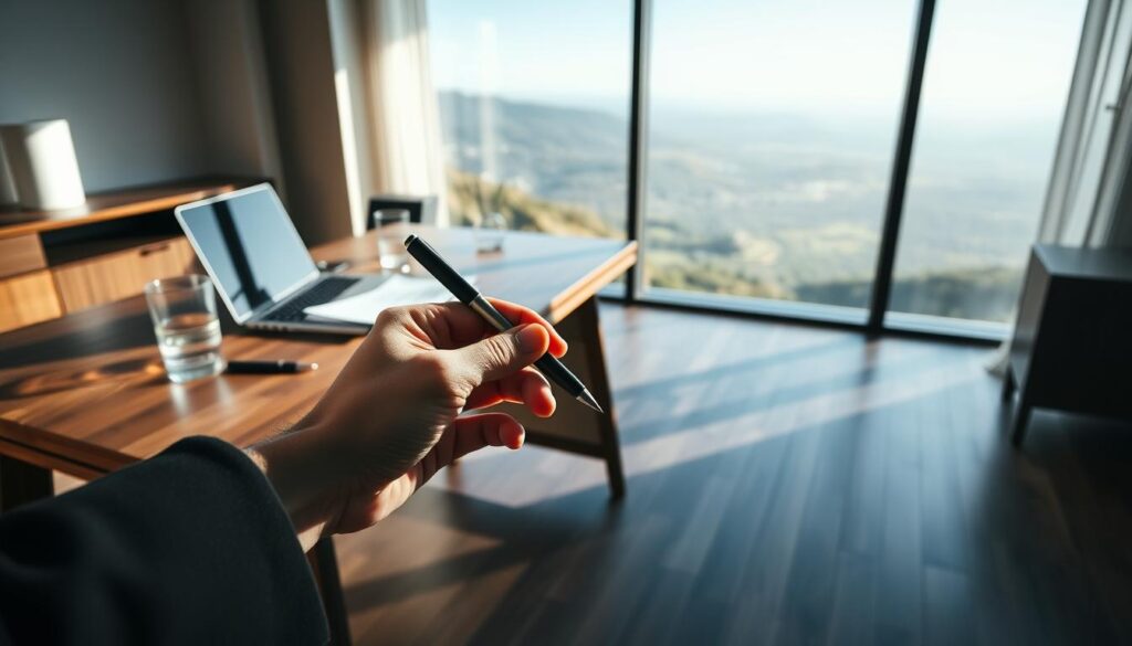 A serene, contemporary interior with a large window overlooking a scenic landscape. On a wooden desk, a laptop and a stack of financial documents are neatly arranged. A glass of water and a pen stand nearby, creating a productive yet calming atmosphere. The window casts soft, natural lighting that illuminates the scene, highlighting the intricate patterns of the wooden floor and furniture. In the foreground, a pair of hands delicately holds a pen, symbolizing the careful consideration of financial strategies. The overall mood is one of focus, contemplation, and financial well-being.