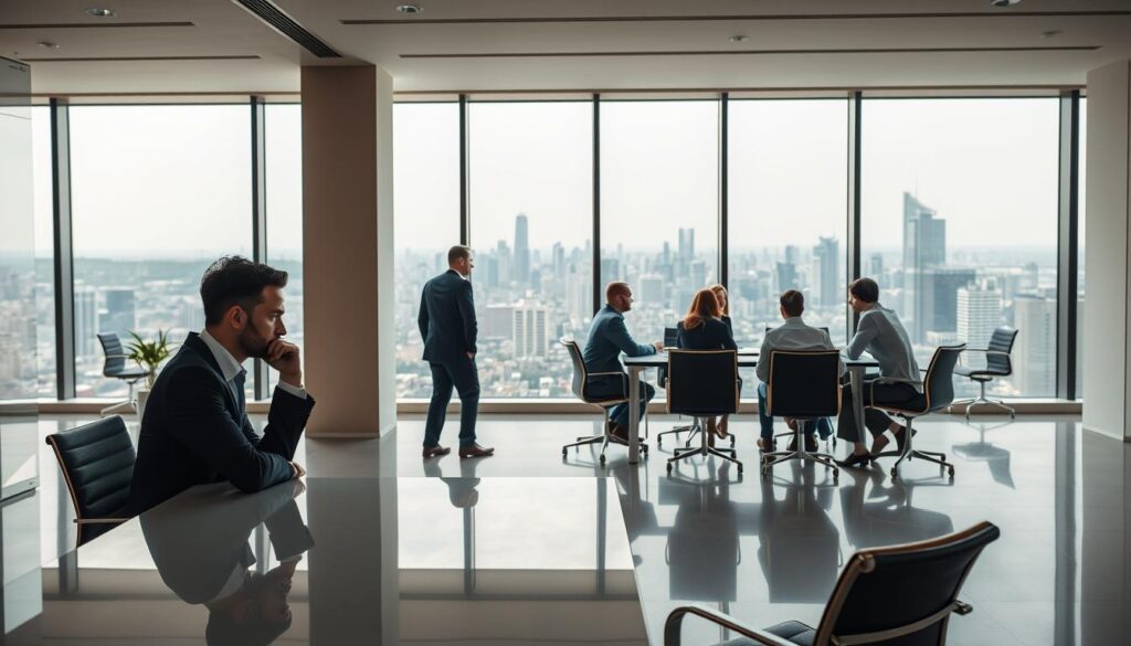 A serene corporate office setting, with a minimalist, modern aesthetic. In the foreground, an executive sits at a clean, glass-topped desk, deep in thought, contemplating risk mitigation strategies. The mid-ground features a team of business professionals gathered around a conference table, discussing risk assessment and management techniques. The background showcases a panoramic view of a bustling city skyline, bathed in warm, natural light filtering through large windows. The overall mood is one of focused deliberation, with a sense of control and confidence in the face of potential challenges.