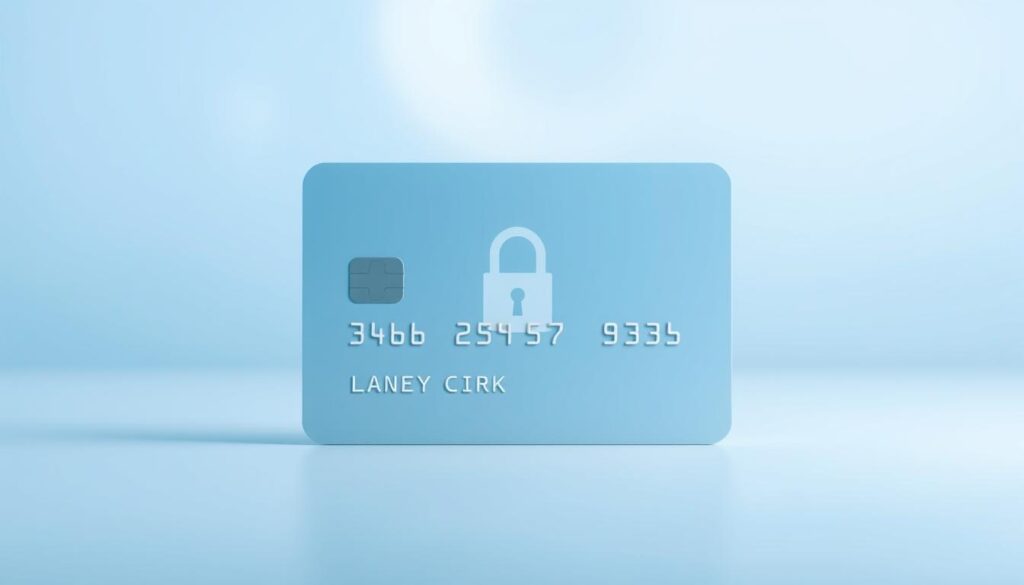 A serene digital illustration showcasing the concept of credit card security. The foreground depicts a pristine, minimalist credit card design with clean lines and a subtle matte finish. The middle ground features a padlock icon, symbolizing the secure nature of the card. The background is a soft, blurred gradient in calming shades of blue, evoking a sense of trust and safety. The lighting is soft and diffused, creating a tranquil, professional atmosphere. The camera angle is frontal, allowing the credit card to be the focal point. The overall mood is one of reassurance and confidence in maintaining financial well-being through responsible credit card usage.
