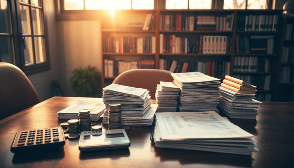 A serene, dimly lit room with warm, golden lighting shining through large windows, illuminating piles of neatly stacked coins, bills, and financial documents on a polished wooden desk. In the foreground, a piggy bank and a calculator sit alongside a carefully organized collection of savings passbooks and investment records, symbolizing the careful planning and long-term commitment of long-term saving. The background features a bookshelf filled with financial planning guides and retirement investment resources, conveying a sense of financial stability and wisdom. The overall atmosphere is one of thoughtful, disciplined financial management, reflecting the importance of long-term savings.