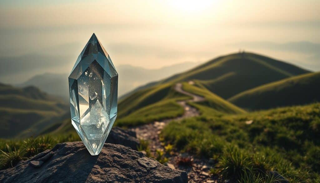 A serene, ethereal landscape showcasing a virtual investment strategy. In the foreground, a stunning crystal-like structure representing the "krüpto" (cryptocurrency) element, its facets refracting shimmering light. In the middle ground, a winding pathway snakes through lush, rolling hills, symbolizing the nuanced, carefully considered investment journey. The background features a distant, hazy horizon with a subtle gradient, evoking a sense of infinite possibilities. Soft, diffused lighting casts a dreamlike ambiance, while a wide-angle lens captures the scene's grandeur and scope. The overall mood is one of thoughtful introspection, balanced risk, and the pursuit of financial enlightenment.