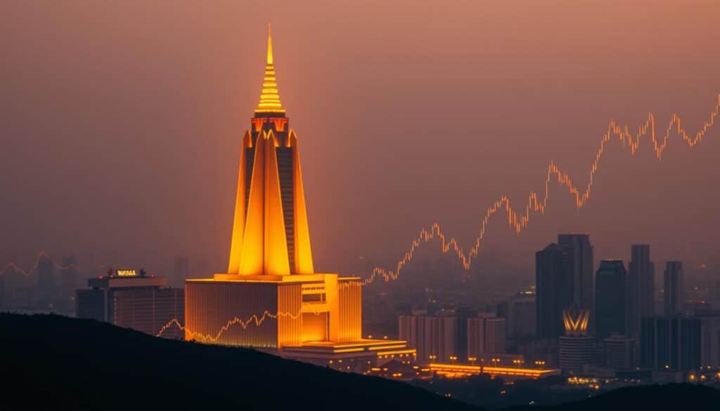A serene financial landscape unfolds, dominated by a towering structure symbolizing the Thai stock exchange. Illuminated by warm, golden light, the building's clean, geometric architecture evokes a sense of stability and sophistication. In the foreground, abstract financial charts and graphs float, their lines and curves subtly intertwined, mirroring the ebb and flow of investment strategies. The background is filled with a subdued yet dynamic cityscape, hinting at the vibrant economic pulse of Thailand. The overall scene conveys a harmonious balance between tradition and modernity, inviting the viewer to explore the nuanced world of investment opportunities.