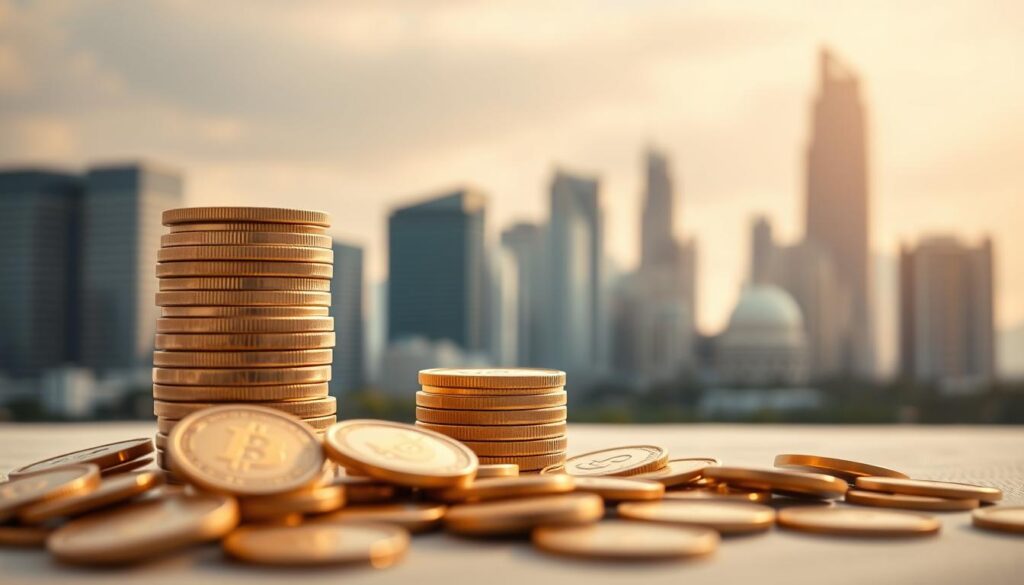 A serene financial landscape with a central focus on a stack of gold coins, symbolizing the financial benefits of pension plans. In the background, a modern city skyline with towering office buildings, representing the economic ecosystem in which these plans operate. Soft, diffused lighting casts a warm, authoritative glow, conveying the gravity and importance of the subject matter. The composition is balanced, with the coins taking up the foreground, while the cityscape recedes into the distance, creating a sense of depth and perspective. The overall mood is one of stability, growth, and prudent financial planning for the future.