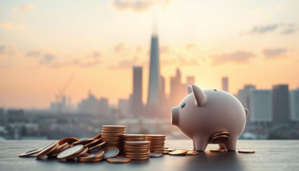 A serene financial landscape with a focus on long-term savings and investment. In the foreground, a well-balanced investment portfolio of stocks, bonds, and real estate, represented by minimalist geometric shapes. The middle ground depicts a piggy bank overflowing with coins, symbolizing the accumulation of savings. In the background, a tranquil cityscape with skyscrapers and a warm, golden sunset sky, conveying a sense of stability and growth. The overall composition is clean, modern, and visually appealing, reflecting the disciplined and strategic nature of long-term financial planning. A serene financial landscape with a focus on long-term savings and investment. In the foreground, a well-balanced investment portfolio of stocks, bonds, and real estate, represented by minimalist geometric shapes. The middle ground depicts a piggy bank overflowing with coins, symbolizing the accumulation of savings. In the background, a tranquil cityscape with skyscrapers and a warm, golden sunset sky, conveying a sense of stability and growth. The overall composition is clean, modern, and visually appealing, reflecting the disciplined and strategic nature of long-term financial planning.