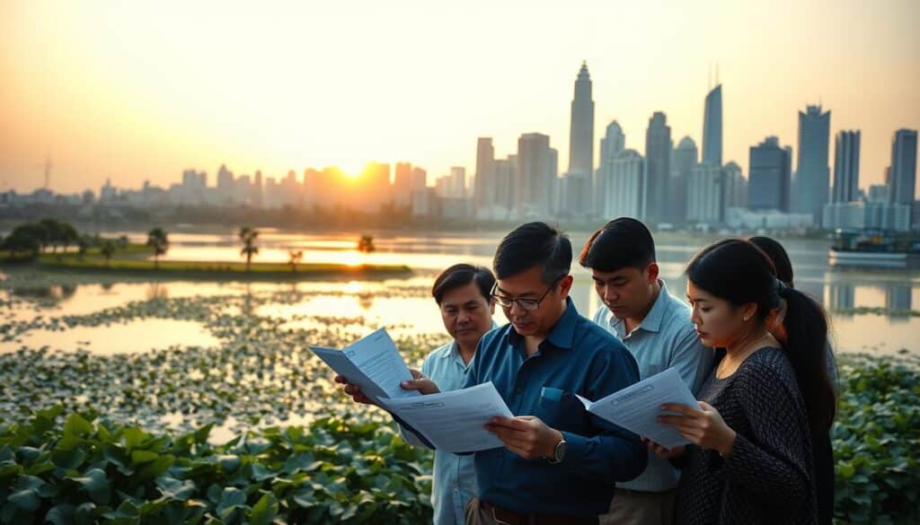 A serene financial landscape with a tranquil pond reflecting the vibrant skyline. In the foreground, a group of diverse Filipino investors carefully examining financial documents, their faces exuding a sense of contemplation and purpose. The middle ground showcases a dynamic cityscape, modern skyscrapers, and the bustling activity of the Philippine stock exchange. In the background, a warm, golden sunset casts a soft, inviting glow, creating an atmosphere of opportunity and prosperity. The lighting is soft and diffused, lending a sense of professionalism and elegance to the scene. The camera angle is slightly elevated, providing a comprehensive view of the mutual funds and investment landscape in the Philippines.