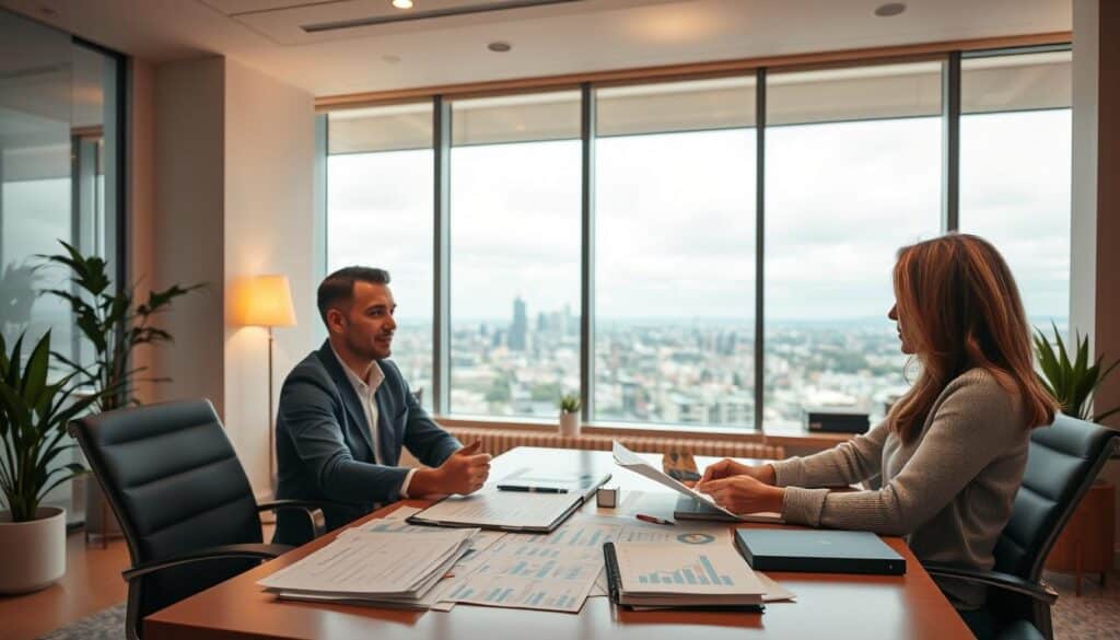 A serene financial planning office, with warm lighting and a clean, modern aesthetic. In the foreground, a financial advisor sits at a desk, engaged in a thoughtful discussion with a client. Their expressions convey a sense of trust and collaboration. In the middle ground, various financial documents, charts, and graphs are neatly arranged, symbolizing the analytical nature of the consultation. The background features a large window overlooking a tranquil cityscape, suggesting the wider context and long-term perspective of the financial planning process. The overall mood is one of professionalism, expertise, and a focus on helping the client achieve their financial goals.