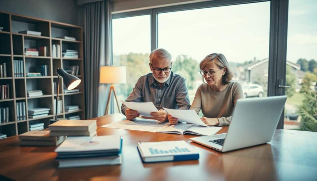 A serene, financial planning scene with a middle-aged couple strategizing their pension savings. In the foreground, the couple sits at a polished wooden table, studying retirement investment documents under the warm glow of a desk lamp. The middle ground features shelves of financial books and a laptop displaying analytical charts. In the background, a panoramic window overlooks a peaceful, tree-lined suburb, symbolizing their long-term financial security. The lighting is soft and inviting, creating an atmosphere of thoughtful contemplation. The composition emphasizes balance, stability, and the couple's collaborative approach to securing their golden years.
