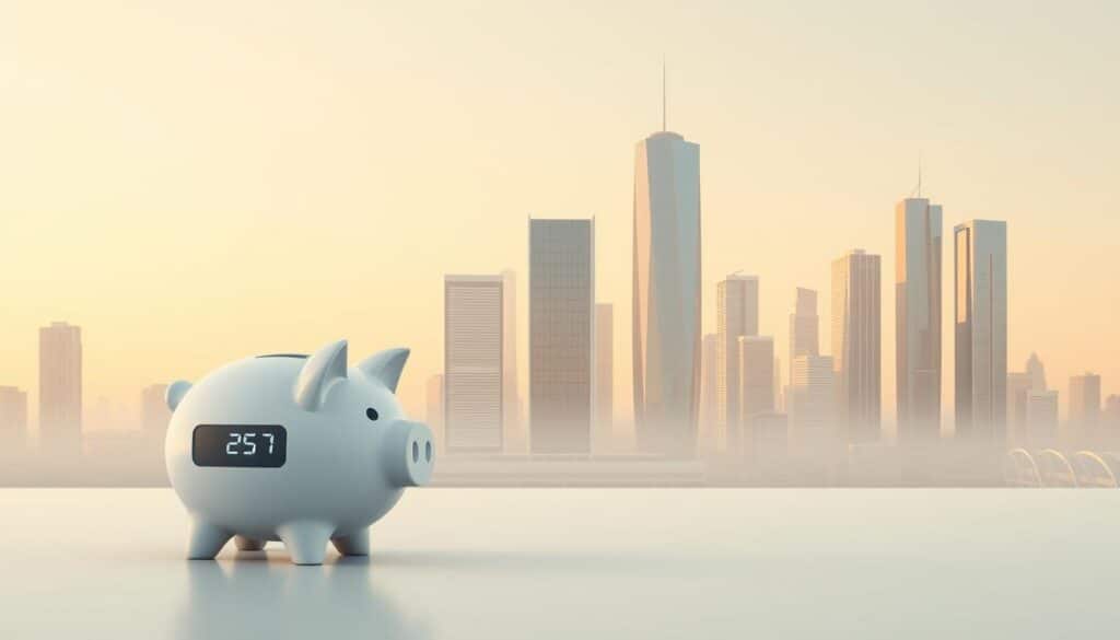 A serene, futuristic cityscape in soft, muted tones. In the foreground, a sleek, stylized piggy bank with a digital display, representing automated savings. The middle ground features a trio of minimal, geometric buildings with clean lines and expansive windows, symbolizing financial growth and optimization. In the background, a horizon of towering skyscrapers bathed in a warm, golden glow, suggesting a prosperous, technology-driven economy. The overall scene conveys a sense of efficiency, automation, and financial security, perfectly encapsulating the concept of "automatiserat sparande".