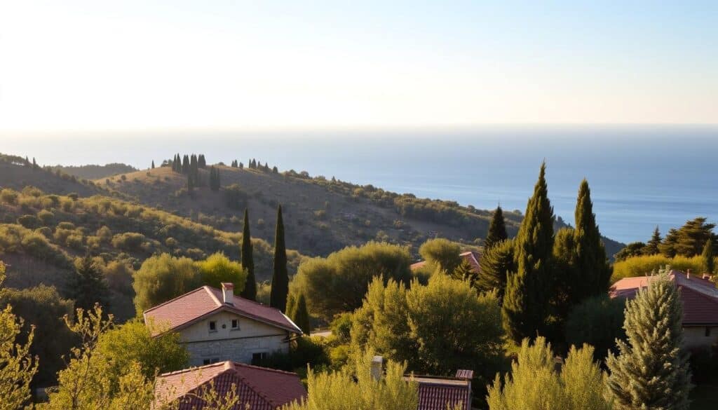 A serene, golden-hour landscape showcasing the picturesque Croatian real estate market. In the foreground, a charming stone villa sits nestled among lush, verdant gardens, its terracotta roof tiles gleaming in the warm, dappled sunlight. The middle ground features a rolling hillside dotted with olive groves and cypress trees, while the distant horizon is dominated by the stunning, azure expanse of the Adriatic Sea. The scene exudes a sense of tranquility and timeless elegance, capturing the essence of an idyllic Croatian investment opportunity.