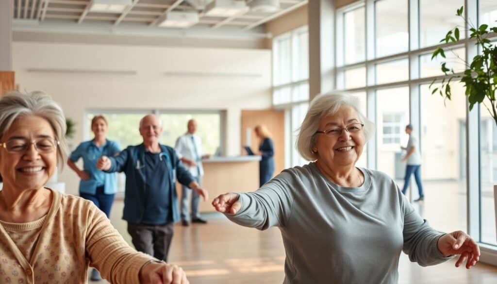 A serene healthcare facility with a warm, welcoming atmosphere, illuminated by natural light filtering through large windows. In the foreground, elderly individuals engage in gentle exercises, their faces exuding a sense of well-being and contentment. The middle ground features a reception area where friendly staff members assist visitors, while the background showcases a modern, well-equipped medical wing, reflecting the high-quality care offered to retirees. The overall scene conveys a sense of security, comfort, and holistic support for the healthcare needs of pensioners.