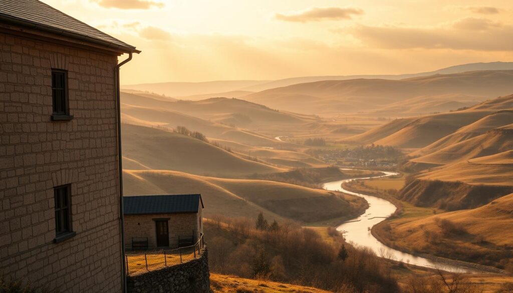 A serene, historical landscape depicting the concept of "ajalooline tootlus" (historical yield). In the foreground, a classic stone building stands tall, its weathered facade hinting at the passage of time. The middle ground features rolling hills and a winding river, with a small village nestled in the distance. The sky is filled with soft, golden light, creating a warm and nostalgic atmosphere. The composition is balanced, with a focus on the architectural elements that symbolize the enduring nature of financial investments. The overall scene conveys a sense of stability, longevity, and the importance of understanding the historical context of financial decisions.
