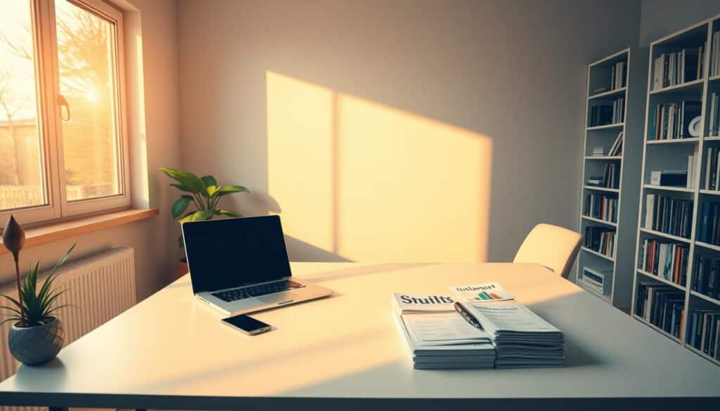 A serene home office with a minimalist desk featuring passive income sources. The desk is bathed in warm, natural lighting from a large window, casting a cozy glow. On the desk, a laptop, a smartphone, and various financial documents symbolize different streams of passive income. Bookshelves line the walls, hinting at the knowledge required to build these revenue sources. The overall atmosphere is one of tranquility and financial security, reflecting the journey towards economic independence.