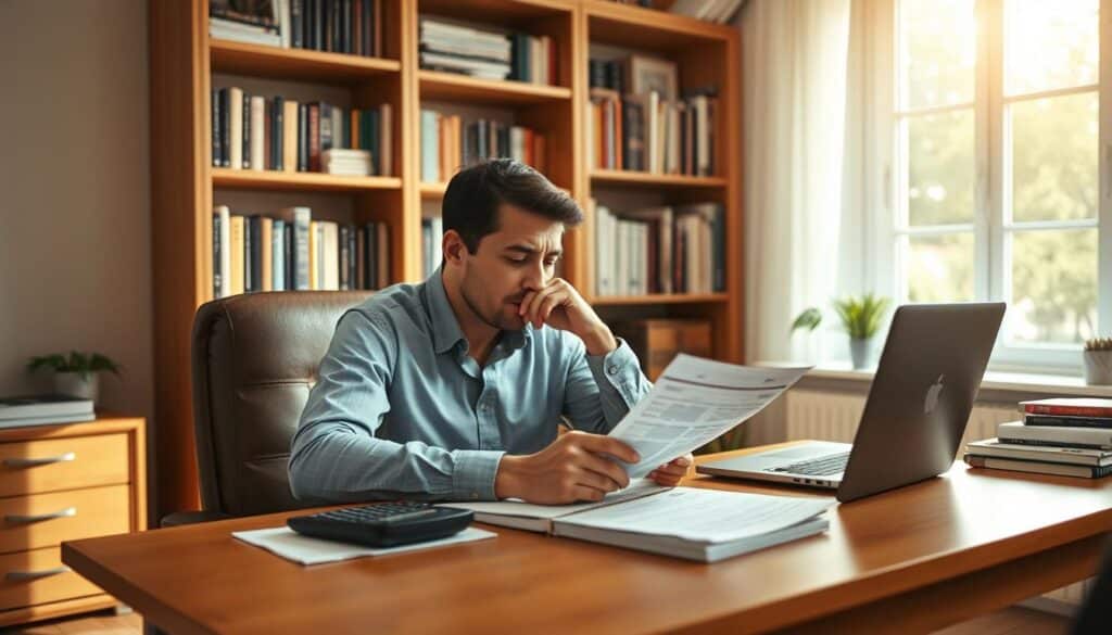 A serene home office with a wooden desk and chair, the surface organized with documents, a laptop, and a calculator. Warm, natural lighting filters through a large window, casting a soft glow on the scene. In the foreground, a person sits focused, studying financial statements and making careful calculations, their expression contemplative as they consider strategies for debt management. The background features bookshelves filled with finance-related volumes, hinting at the individual's expertise and dedication to their financial well-being. The overall atmosphere conveys a sense of thoughtful diligence and control over one's financial future.