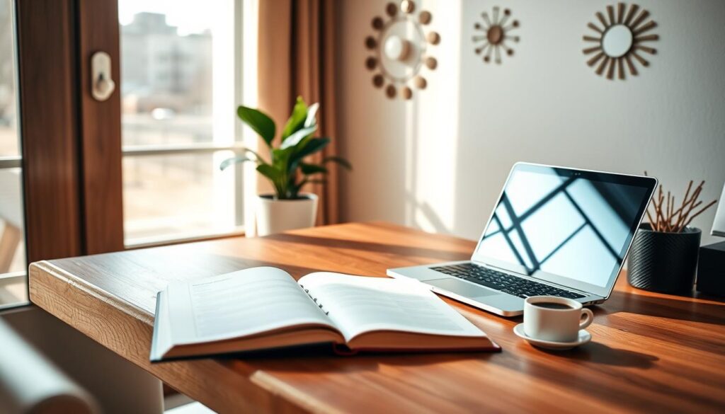 A serene home office with a wooden desk, laptop, and a potted plant. Soft natural lighting filters through the window, casting a warm glow. On the desk, an open notebook and a cup of coffee, symbolizing the pursuit of additional income streams. The background features a minimalist wall decor, hinting at a sense of organization and focus. The overall atmosphere conveys a peaceful and productive environment, where thoughtful financial strategies can be explored.