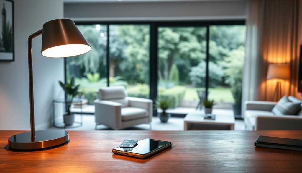 A serene home office with sleek, minimalist furniture and a large window overlooking a lush green garden. Warm, soft lighting from a desk lamp illuminates a pair of credit cards and a smartphone on the wooden desk, symbolizing financial flexibility and seamless money management. The overall atmosphere conveys a sense of calm control and organized prosperity. A serene home office with sleek, minimalist furniture and a large window overlooking a lush green garden. Warm, soft lighting from a desk lamp illuminates a pair of credit cards and a smartphone on the wooden desk, symbolizing financial flexibility and seamless money management. The overall atmosphere conveys a sense of calm control and organized prosperity.