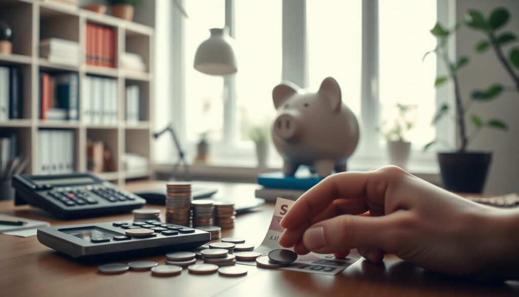 A serene home office with soft, natural lighting spilling in through large windows. On the desk, a neat stack of coins, a piggy bank, and a calculator - symbols of budgeting and saving. In the foreground, a hand carefully arranging paper bills and coins, illustrating the "Sparstrategier" concept. The background features shelves with financial books and plants, conveying a sense of organization and growth. The overall mood is one of focus, control, and financial responsibility.