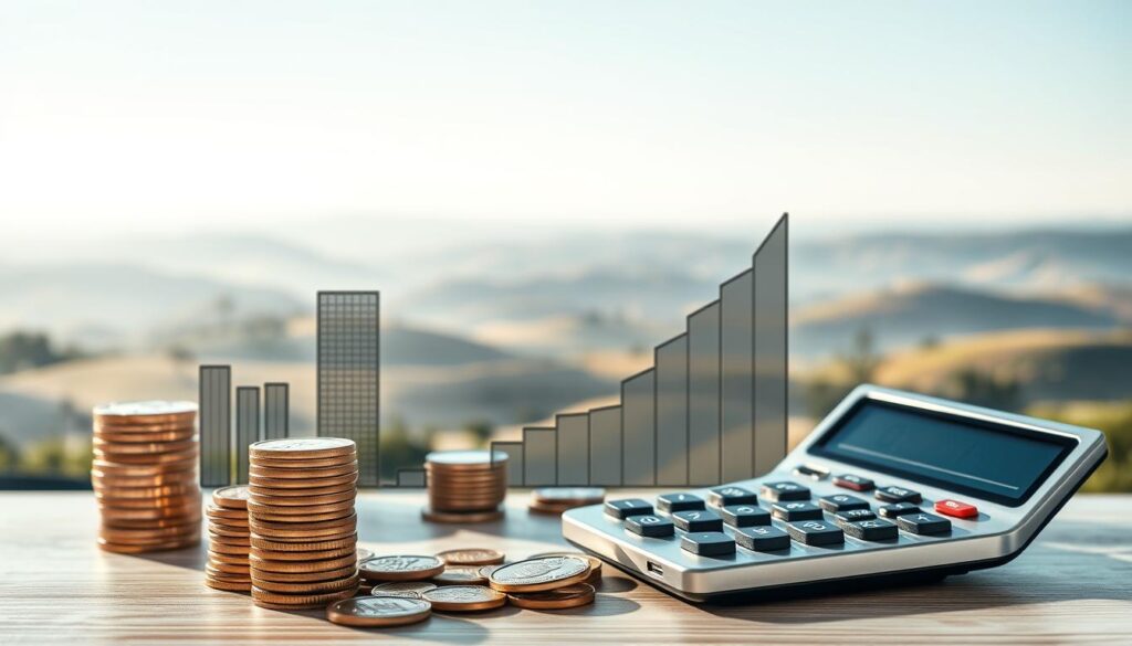 A serene investment portfolio composed of a diverse array of financial instruments including stocks, bonds, and mutual funds. The foreground features a stack of coins and a calculator, symbolizing the careful management of personal finances. The middle ground showcases a stylized graph with upward-trending lines, conveying the growth and performance of the investments. The background depicts a tranquil landscape with rolling hills, a clear sky, and a distant horizon, evoking a sense of long-term stability and prosperity. The lighting is soft and diffused, creating a warm, inviting atmosphere. The overall composition suggests a harmonious balance between prudent investment strategies and personal financial well-being.