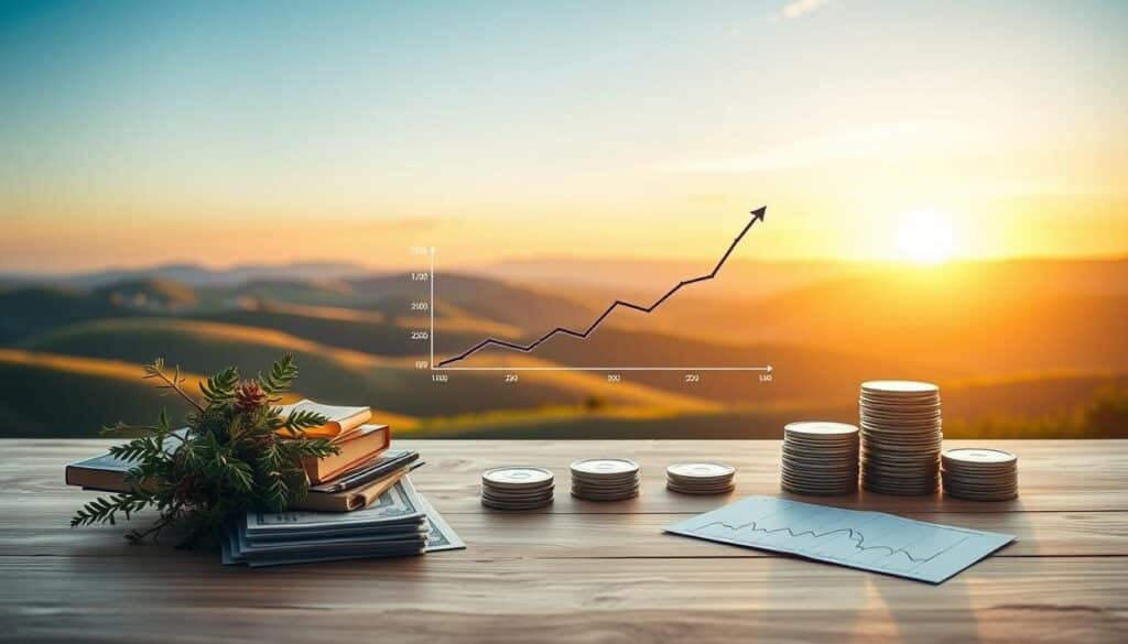 A serene landscape depicting the foundations of investing. In the foreground, a diverse portfolio of financial instruments - stocks, bonds, mutual funds - arranged neatly on a wooden table. The middle ground showcases a simplified graph charting investment performance over time, conveying the long-term growth potential. In the background, a tranquil scene of rolling hills, a clear sky, and a warm, golden glow from the setting sun, symbolizing the patient, steady approach to building wealth. Soft, diffused lighting illuminates the scene, creating a sense of approachability and accessibility for the novice investor. The overall atmosphere is one of simplicity, stability, and the promise of financial security through prudent, foundational investing.