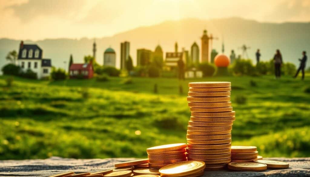 A serene landscape with a diverse array of investment opportunities unfurling across the frame. In the foreground, a stack of golden coins gleams under a warm, mellow light, symbolizing the potential for financial growth. Further back, various financial instruments like stocks, bonds, and real estate emerge from a lush, verdant backdrop, each casting its own subtle shadow. The middle ground is dotted with silhouettes of people, representing the investors navigating these alternative investment avenues. An overarching sense of stability and dynamism pervades the scene, inviting the viewer to explore the breadth of Denmark's financial landscape.