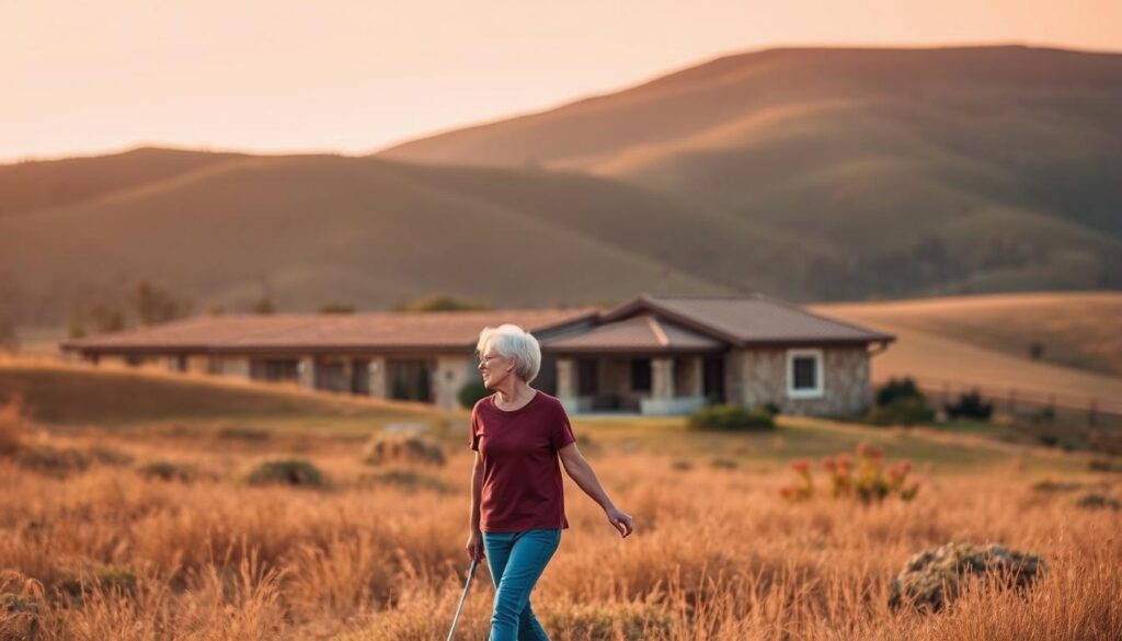 A serene landscape with a gently rolling hillside in the background, bathed in warm, golden afternoon light. In the foreground, a couple in their 60s stroll hand-in-hand, deep in contemplative conversation. They are dressed casually but elegantly, conveying a sense of comfort and contentment. In the middle ground, a simple yet tasteful stone building with a tiled roof represents a retirement home or community center. The scene evokes a feeling of financial security, peaceful transition, and thoughtful planning for the future.
