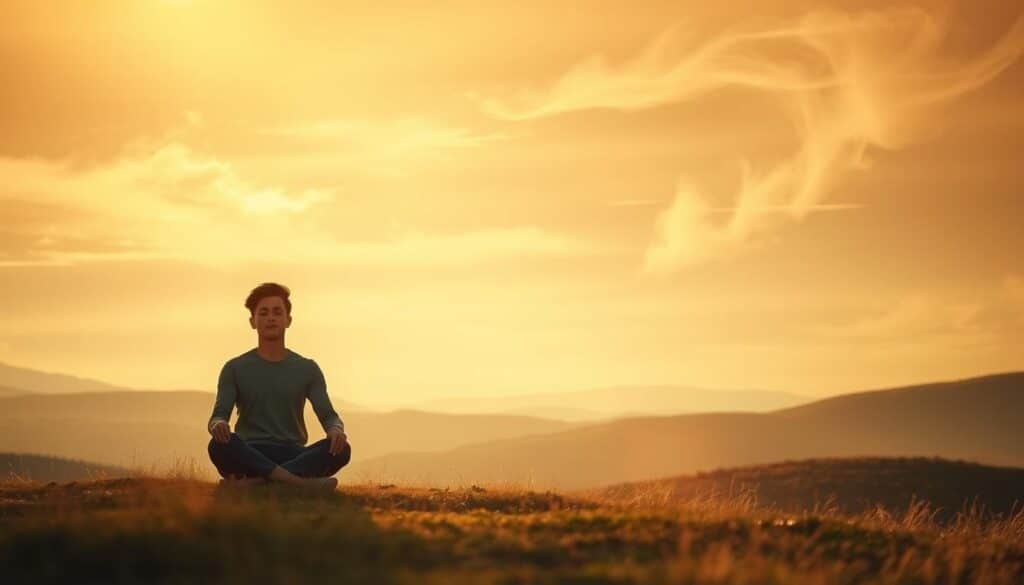 A serene landscape with a person sitting cross-legged, eyes closed, hands resting on their knees in a meditative pose. Soft, warm lighting bathes the scene, creating an atmosphere of tranquility and inner focus. Wispy clouds drift across a subtly hued sky, reflecting the sense of emotional balance and control. In the background, abstract shapes and textures suggest the complexity of the human psyche, while the foreground figure embodies the practice of mindfulness and emotional regulation.