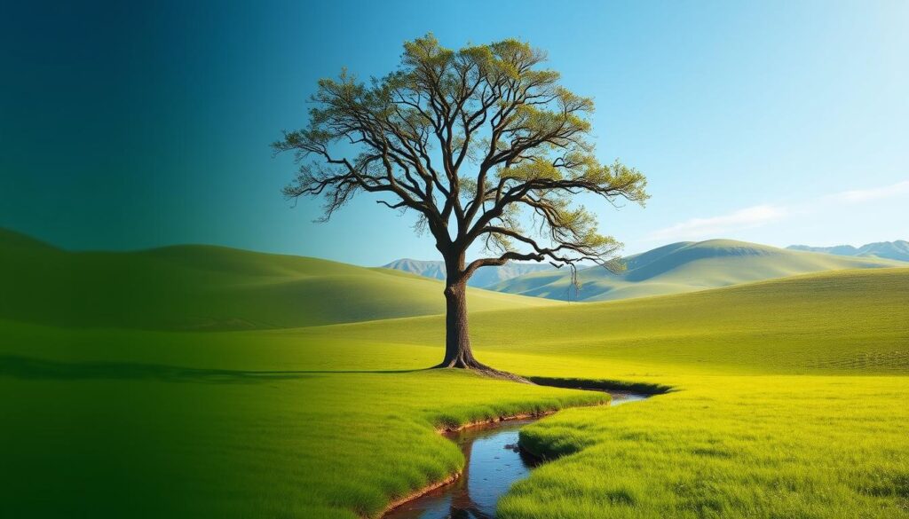 A serene landscape with a sturdy tree at the center, its branches reaching upwards, symbolizing financial resilience. The tree is firmly rooted in a lush, verdant meadow, with rolling hills and a clear blue sky in the background. Soft, diffused lighting illuminates the scene, creating a sense of tranquility and stability. In the foreground, a small stream winds its way, representing the flow of finances and the ability to weather unexpected challenges. The overall composition conveys a sense of security, preparedness, and long-term growth, reflecting the concept of financial resilience and planning for the future.