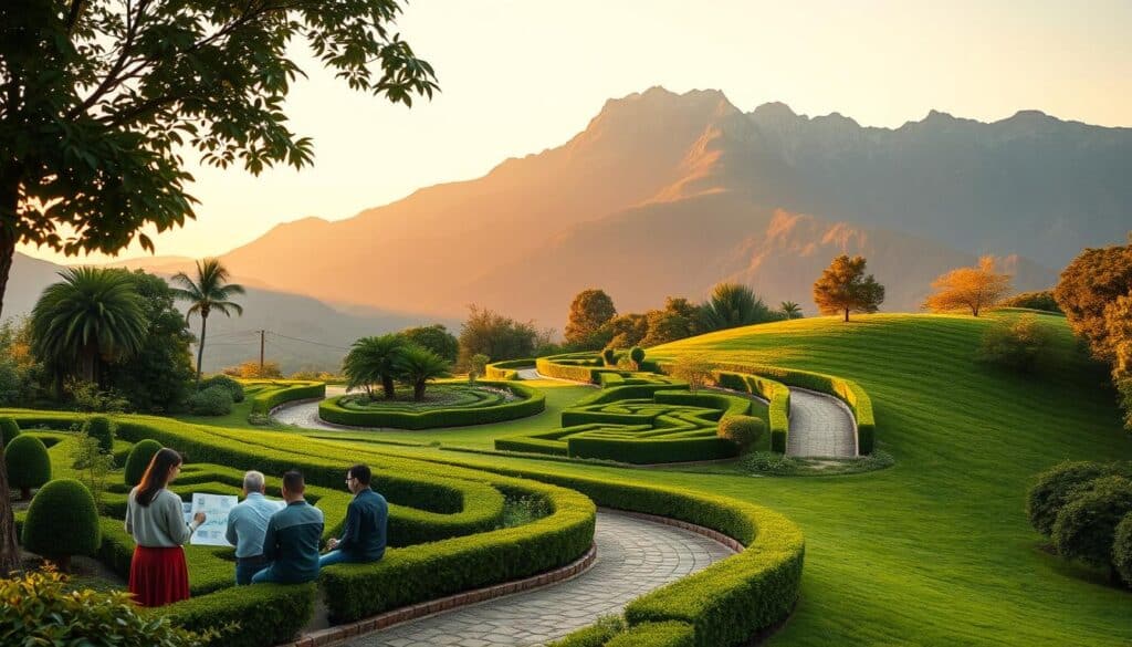 A serene landscape with a winding path leading through lush greenery, representing the journey of investing. In the foreground, a group of diverse individuals studying financial charts and graphs, symbolizing the strategies and decision-making process. In the middle ground, a well-maintained garden with carefully pruned hedges, signifying the importance of diligent planning and cultivation of wealth. In the background, a majestic mountain range bathed in warm, golden sunlight, conveying a sense of long-term growth and prosperity. The overall scene evokes a feeling of tranquility, prudence, and the steady progress towards financial security.